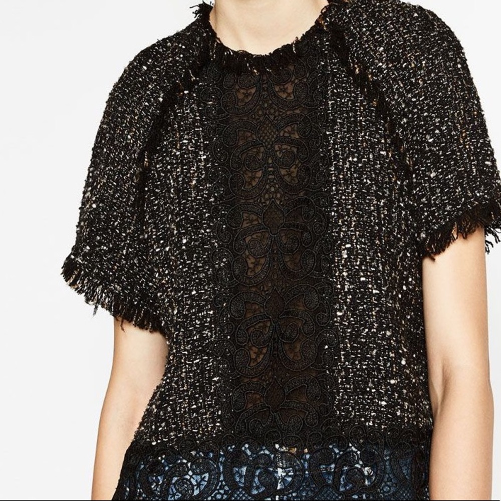 Zara Woman Tweed Lace Sweater Short Sleeves Sz Medium